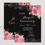 Invitation Elégant Rose noir or Floral Quinceañera (Devant / Derrière)