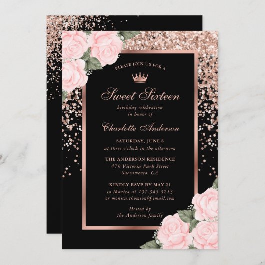 Invitation Elégant Rose noir or rose doux 16 Anniversaire (Devant / Derrière)