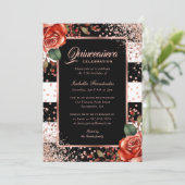 Invitation Elégant Rose noir or rouge Floral Quinceañera (Debout devant)
