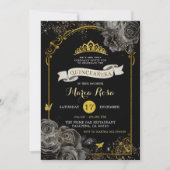 Invitation Elégant Rose noir or Royal Couronne Quinceañera (Devant)