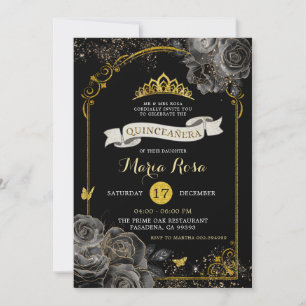 Invitation Elégant Rose noir or Royal Couronne Quinceañera