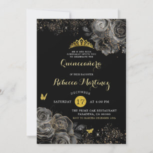 Invitation Elégant rose noir & or Royal Crown Mis Quince