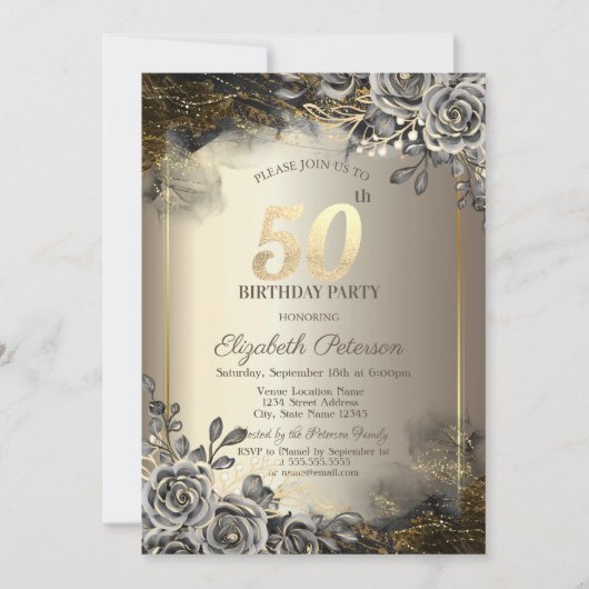 Invitation Elégant Rose noir, String Lights 50e anniversaire (Devant)