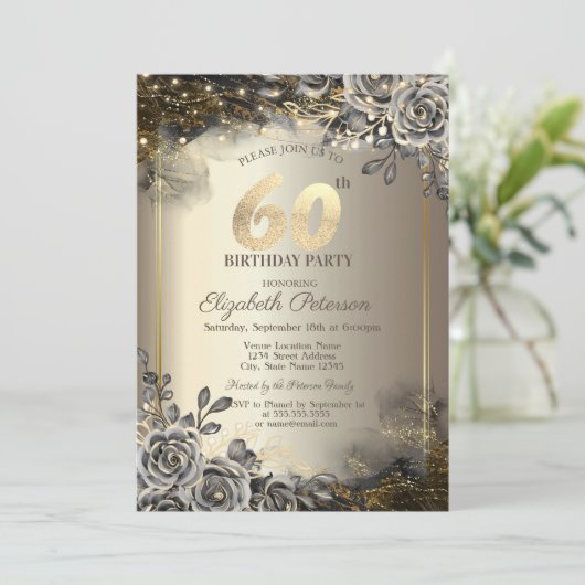 Invitation Elégant Rose noir, String Lights 60e anniversaire (Debout devant)