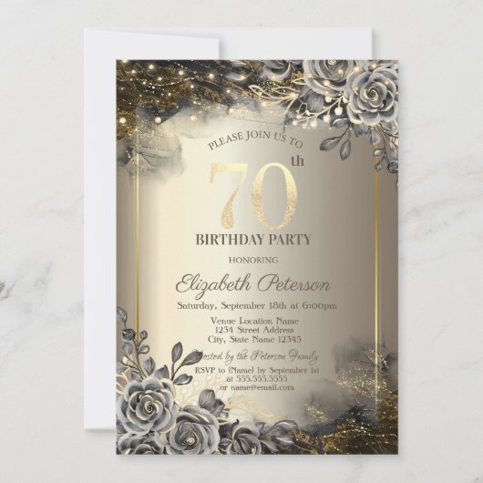 Invitation Elégant Rose noir, String Lights 70e anniversaire (Devant)