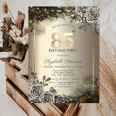 Invitation Elégant Rose noir, String Lights 85e anniversaire