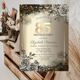 Invitation Elégant Rose noir, String Lights 85e anniversaire
