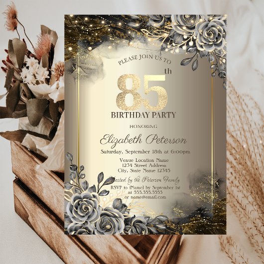 Invitation Elégant Rose noir, String Lights 85e anniversaire