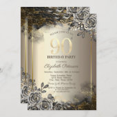 Invitation Elégant Rose noir, String Lights 90e anniversaire (Devant / Derrière)