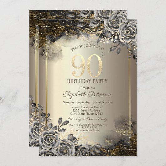 Invitation Elégant Rose noir, String Lights 90e anniversaire (Devant / Derrière)