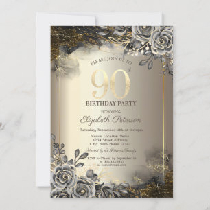 Invitation Elégant Rose noir, String Lights 90e anniversaire