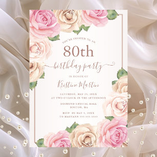 Invitation Elégant Rose or Aquarelle Florale 80e anniversaire