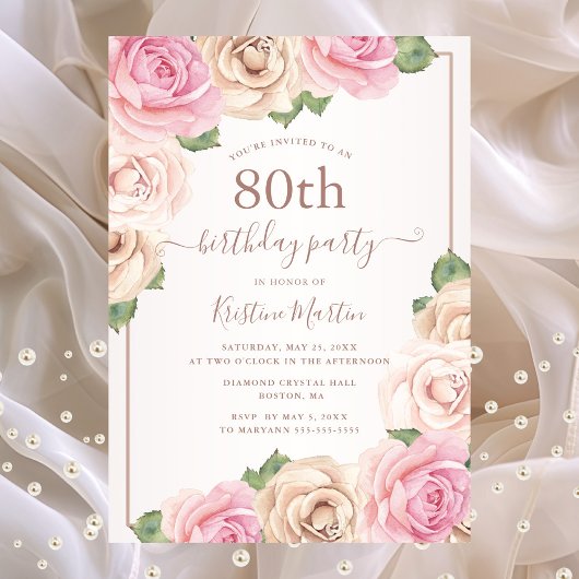Invitation Elégant Rose or Aquarelle Florale 80e anniversaire