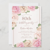 Invitation Elégant Rose or Aquarelle Florale 80e anniversaire (Devant)