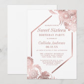 Invitation Elégant Rose Or Blanc Floral Frame Sweet 16 (Devant / Derrière)