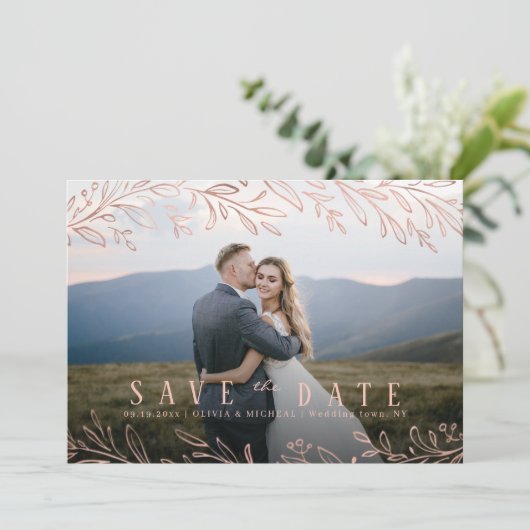 Invitation Elégant rose or botanique photo enregistrer la dat (Debout devant)