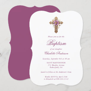 Invitation Élégant rose or croix florale Fille Baptême