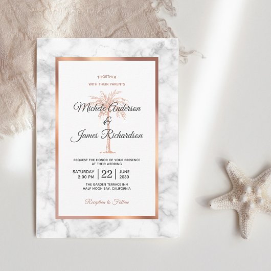 Invitation Elégant Rose or cuivre marbre palmier Mariage 