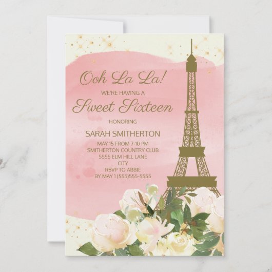 Invitation Elégant rose or Eiffel Tour Paris Sweet 16 (Devant)