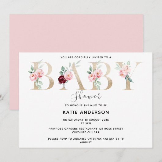 Invitation Élégant rose Or Floral Baby Girl Douche (Devant / Derrière)