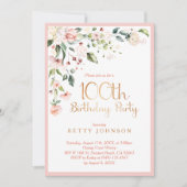 Invitation Elégant rose & or Floral Femme 100e anniversaire (Devant)