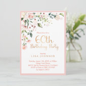 Invitation Elégant rose & or Floral Femme 60e anniversaire (Debout devant)