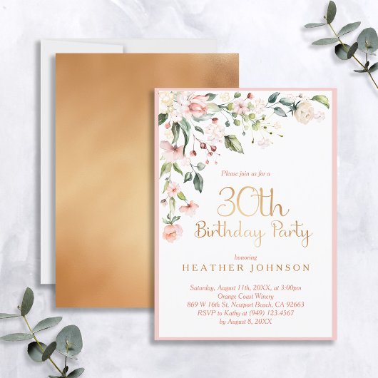 Invitation Elegant rose & or Floral femme's 30e anniversaire