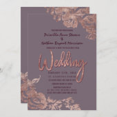 Invitation Élégant Rose or Floral violet Mariage mauve (Devant / Derrière)