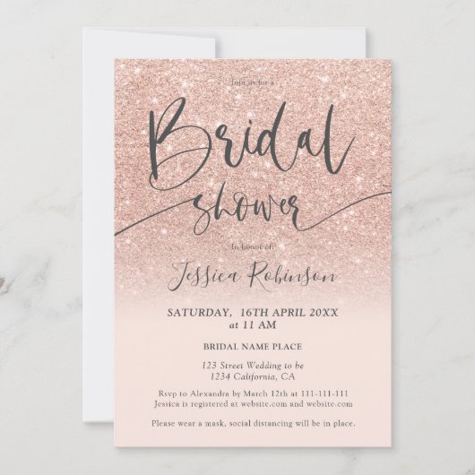 Invitation Elégant rose or parties scintillant script douche  (Devant)