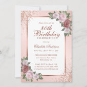 Invitation Elégant Rose or rose floral 80e anniversaire (Devant)
