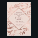 Invitation Élégant Rose Or rose Floral Feuilles doux 16<br><div class="desc">Cette invitation formelle Sweet 16 est composée d'élégants, jolis et chics feuilles floral rose en feuille d'or imprimé à la main sur un arrière - plan rose pâle simple. C'est le design parfait pour la belle et moderne fille d'anniversaire. Complimentez votre événement avec classe et style avec ces invitations botaniques....</div>