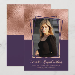 Invitation Elégant rose or violet sweet sixteen anniversaire