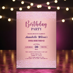 Invitation Elegant Rose Pailleté Métallisé Rose 40e Anniversa