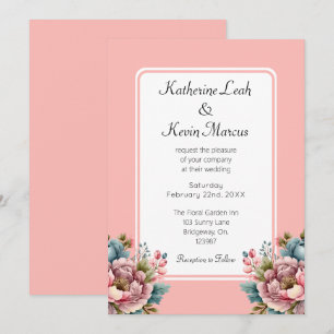Invitation Élégant rose pâle et bleu Turquoise Mariage floral