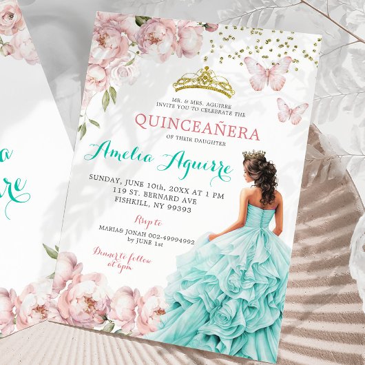 Invitation Elégant rose pâle et Turquoise Quinceañera florale