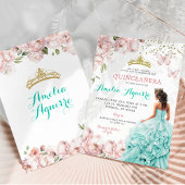 Invitation Elégant rose pâle et Turquoise Quinceañera florale