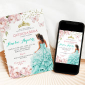Invitation Elégant rose pâle et Turquoise Quinceañera florale