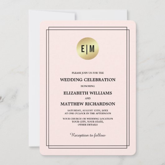 Invitation Élégant rose pâle | Mariage or (Devant)