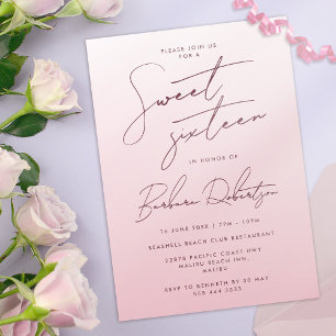 Invitation Elégant Rose Pâle Ombre Script Sweet Seize