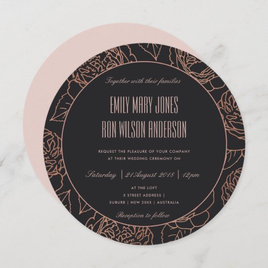 INVITATION ELEGANT ROSE PÂLE OR ROSE GOLD NOIR FLEUR WEDDING (Devant / Derrière)