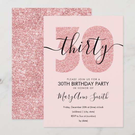 Invitation Elégant Rose Parties scintillant Gold Blush 30e an (Devant / Derrière)