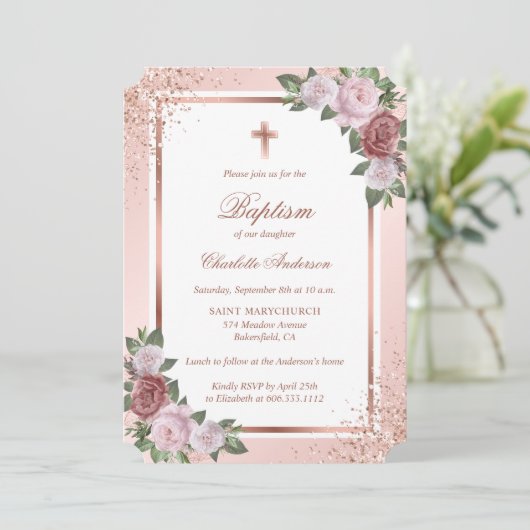 Invitation Élégant Rose Parties scintillant or Blush rose Gir (Debout devant)
