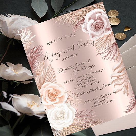 Invitation Élégant Rose Parties scintillant or Boho Fleurs Fi