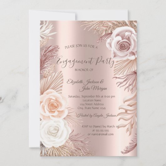 Invitation Élégant Rose Parties scintillant or Boho Fleurs Fi (Devant)