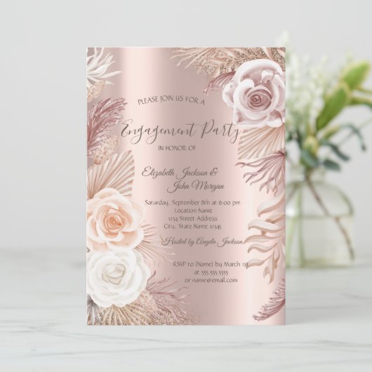Invitation Élégant Rose Parties scintillant or Boho Fleurs Fi (Debout devant)