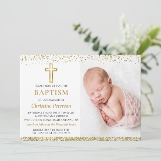 Invitation Elégant rose Parties scintillant or croix fille Ba (Debout devant)