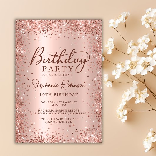 Invitation Elégant Rose Parties scintillant or doux 16 Annive