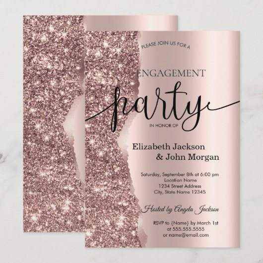 Invitation Élégant Rose Parties scintillant or Fiançailles de (Devant / Derrière)