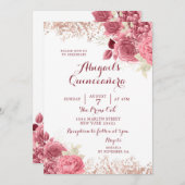 Invitation Elégant Rose Parties scintillant or Floral Quincea (Devant / Derrière)