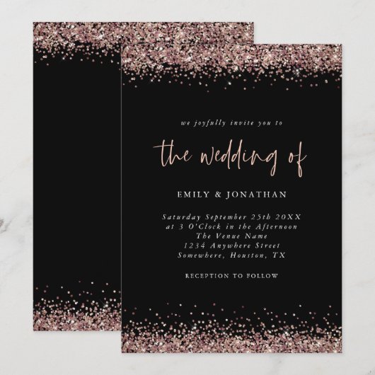 Invitation Élégant Rose Parties scintillant or Mariage noir (Devant / Derrière)